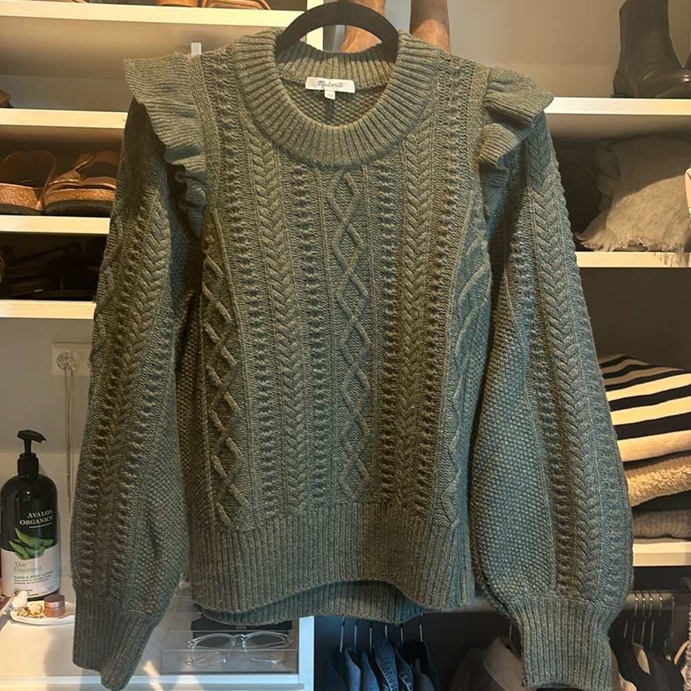 Madewell Olive Green Cable Knit Ruffle Shoulder Sweater